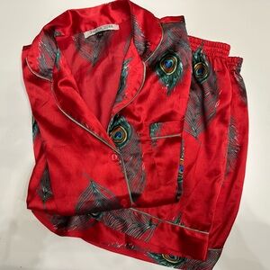 Thier Nibs Red Peacock Feather Pajama Set‎ sz Medium Satin Short Pajama Set